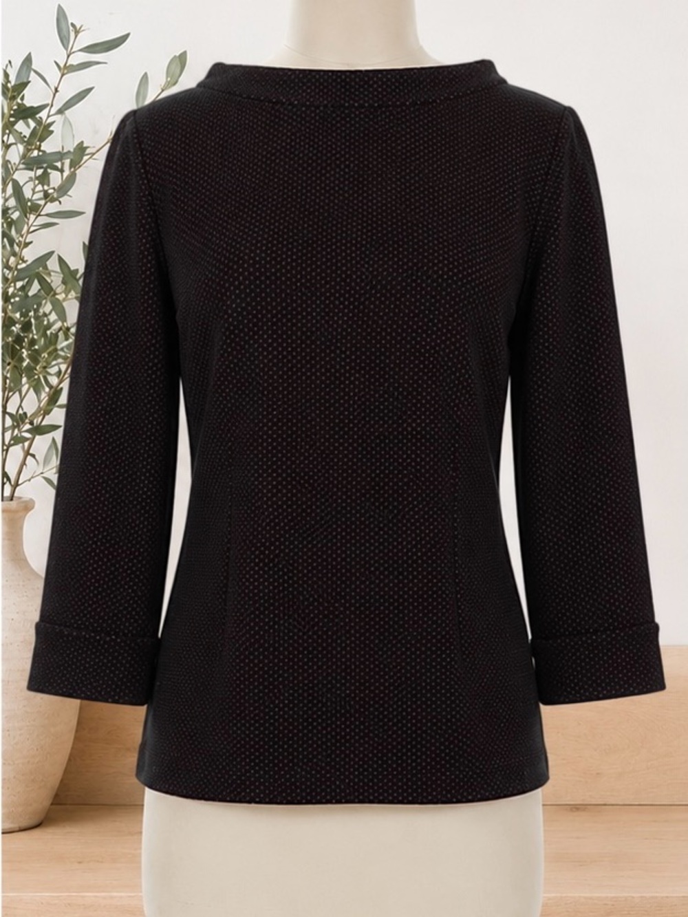 Talbots Black Textured Boatneck 3/4 Sleeve Top